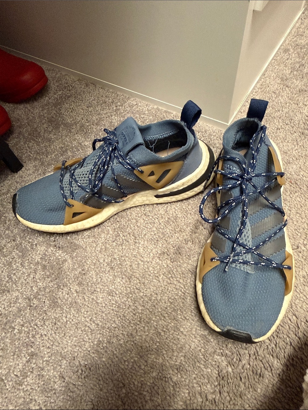adidas Blue Knit Lace-Up Sneakers with Tan Accents